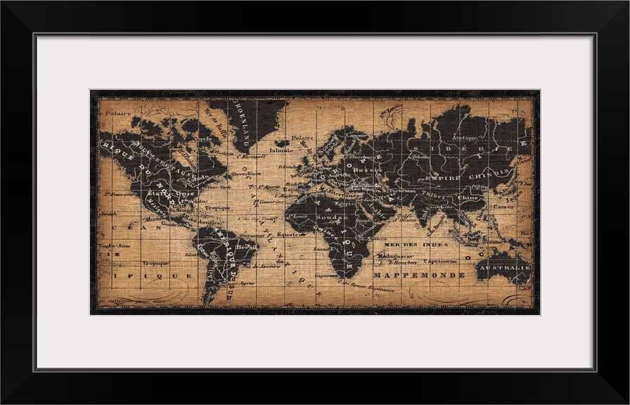 This artwork has been designed to look like an antique map with French names and a burlap fabric texture applied to the im...