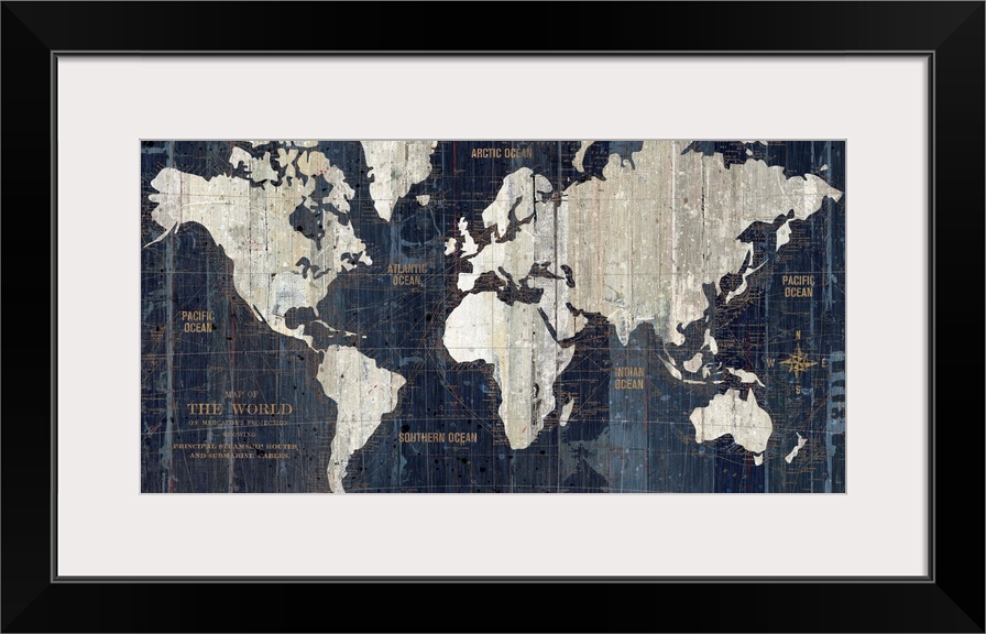 A decorative map of six contents with labels of islands and shipping lanes in the ocean; this horizontal art work uses ver...