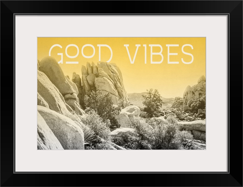 "Good Vibes" on a horizontal rocky landscape image with a yellow overlay.