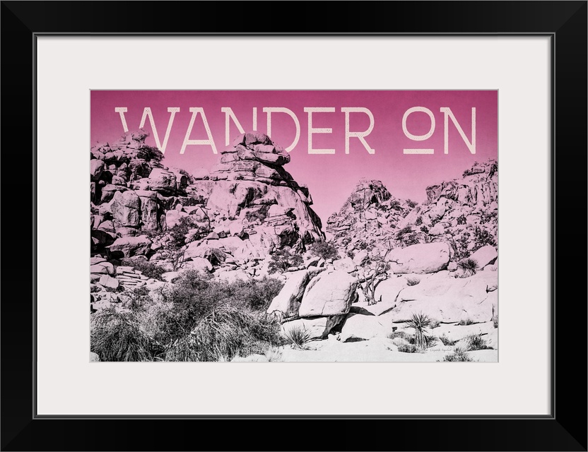 "Wander On" on a horizontal rocky landscape image with a red overlay.