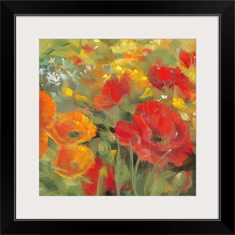 Big contemporary floral art shows a field of colorful oriental poppy flowers against a slightly rough texture covering the...