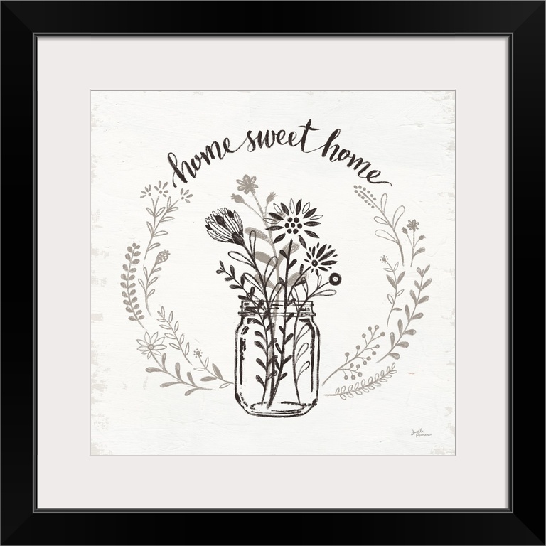 "Home Sweet Home" framed with a wreath and a glass jar filled with flowers in a pen and ink style with a texture backdrop.