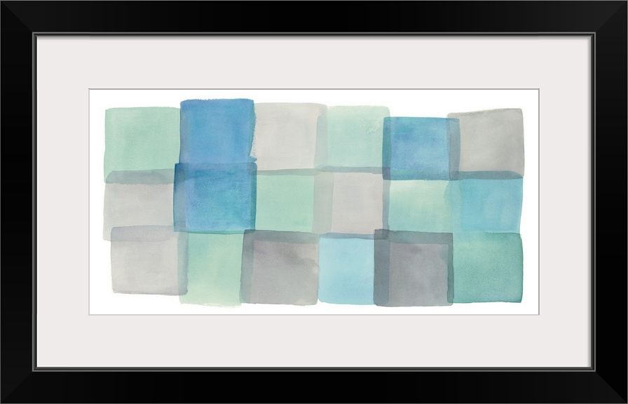 Pastel watercolor painting of squares in blue and teal shades.