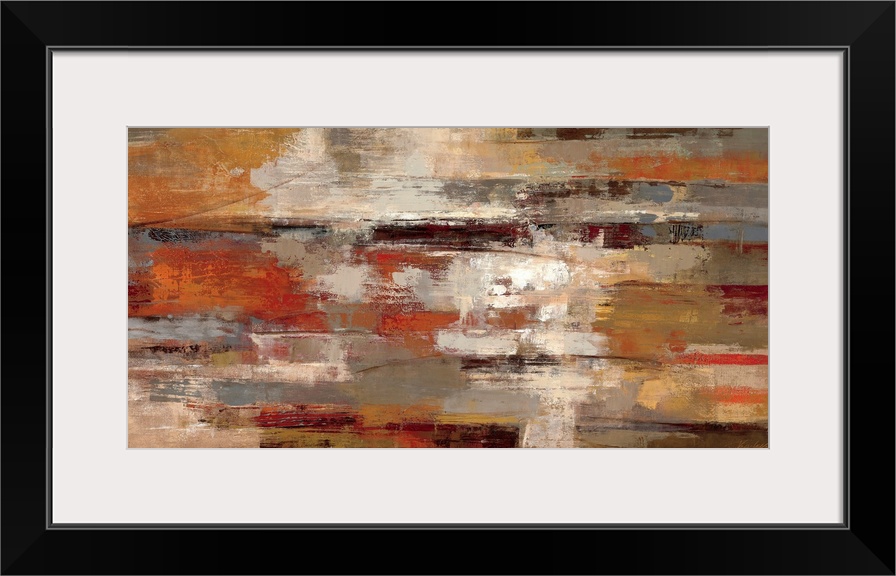 This horizontal abstract painting has a strong sense of motion from left to right and a rusty, earth tone color palette.