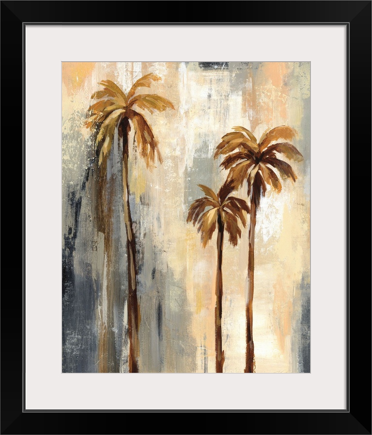 Abstract painting of neutral colored palm trees with a gray, black, yellow, and orange layered background made of long ver...