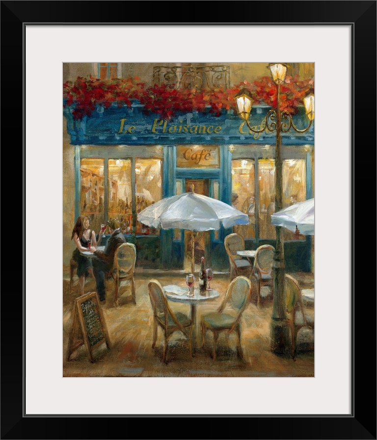 Painting of tables and chairs outside of a street cafo at night with flowerbox over front door entrance.