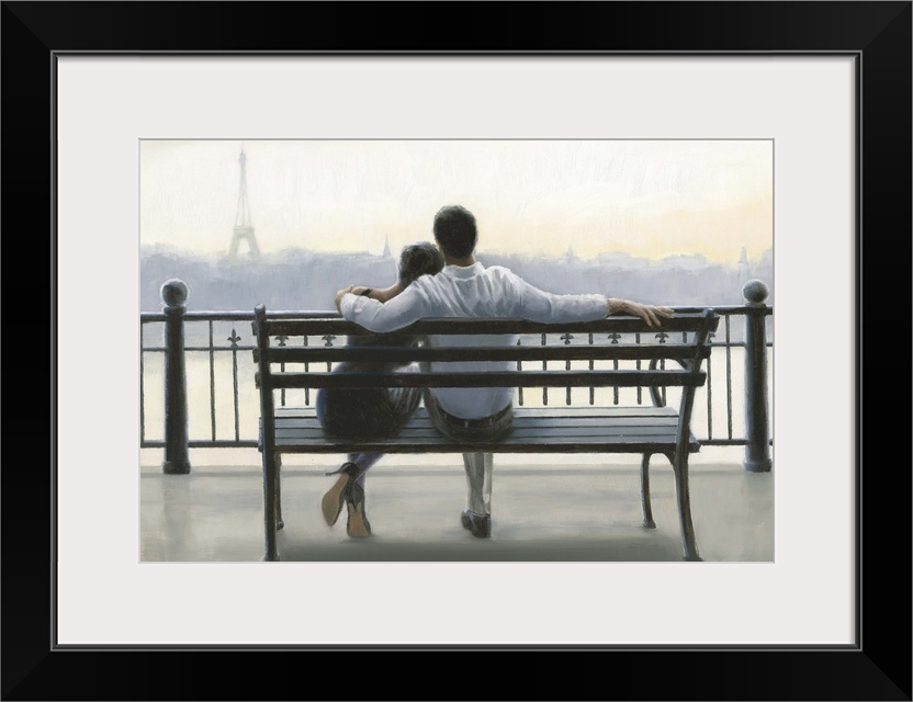 Contemporary painting of a couple sitting on a park bench gazing at the Paris cityscape.