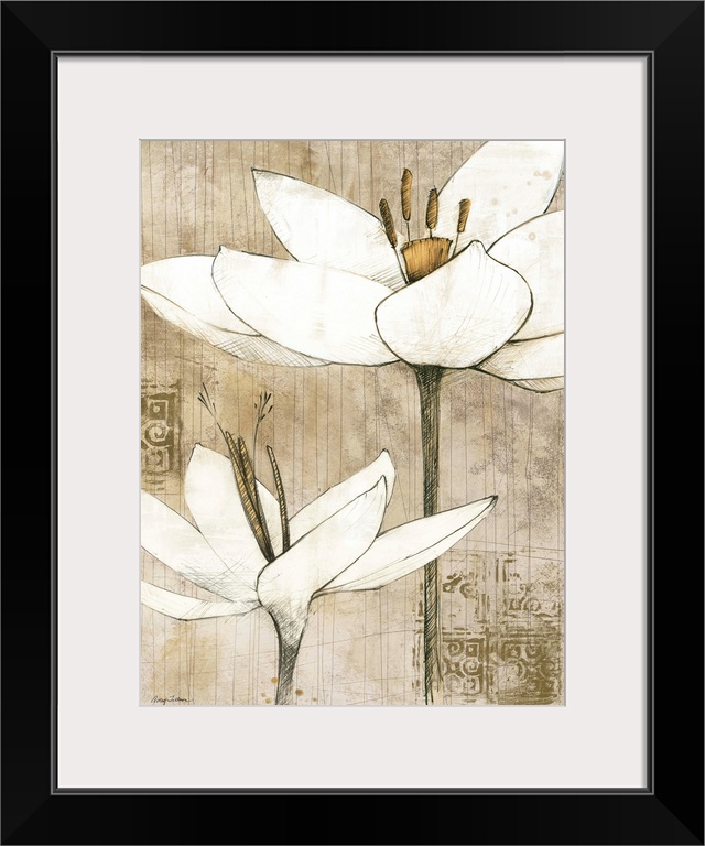 Contemporary artwork of white flowers against a rustic and weathered looking background.