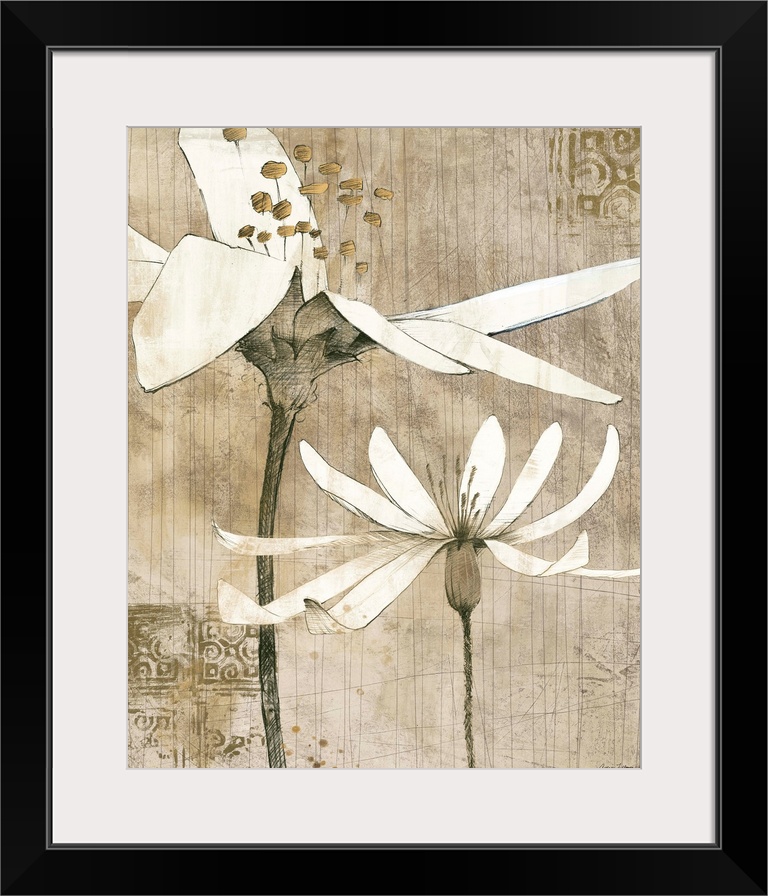Contemporary artwork of two flower blossoms with a vertical stripe background and ornate tile designs in the corners.