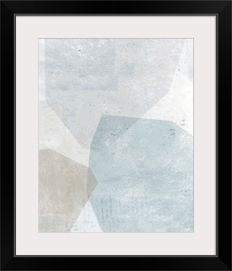 Abstract painting with overlapping shapes in muted blue, white, and grey hues.