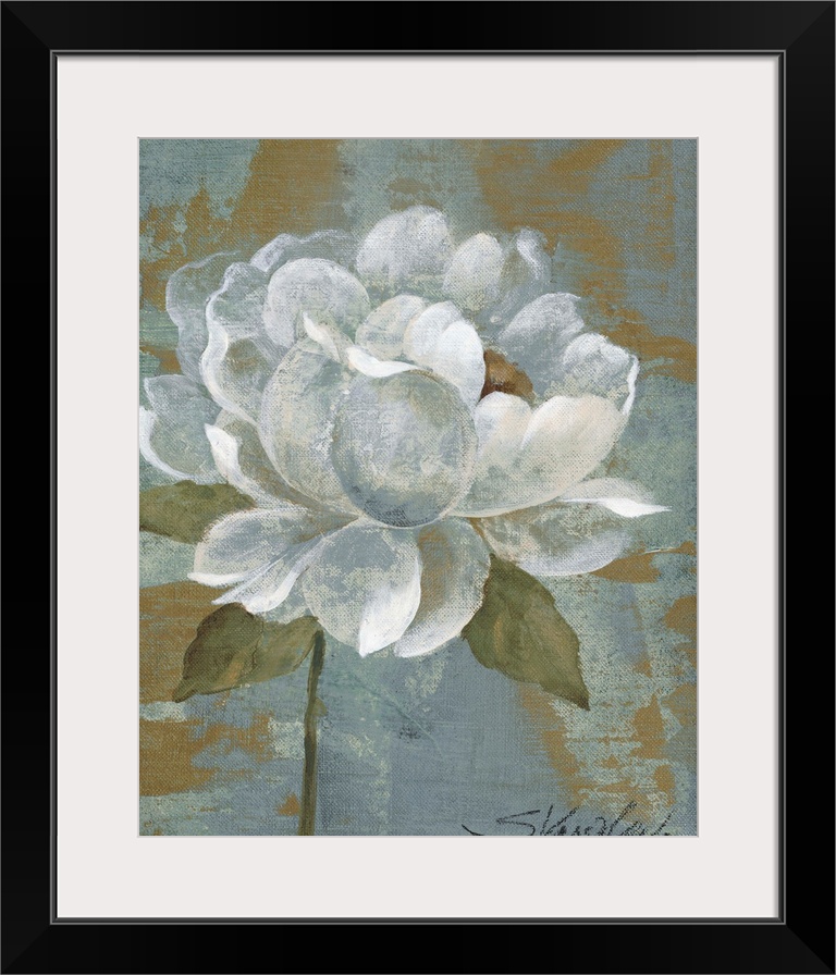 Up-close painting of flower with abstract background.