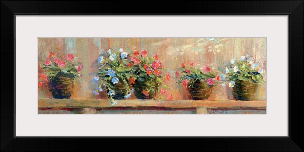 Panoramic painting of the flower pots sitting on a ledge.