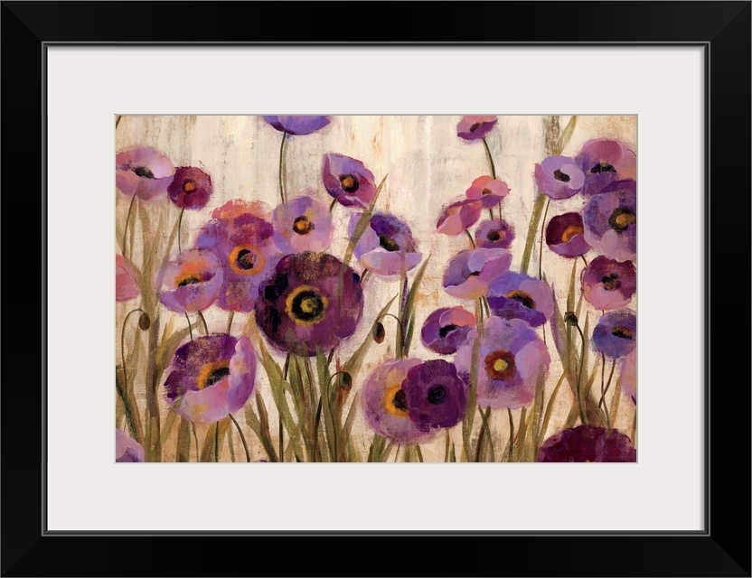 Big contemporary art depicts a garden filled with poppy flowers.  Artist uses an abundance of vertical lines and circles t...