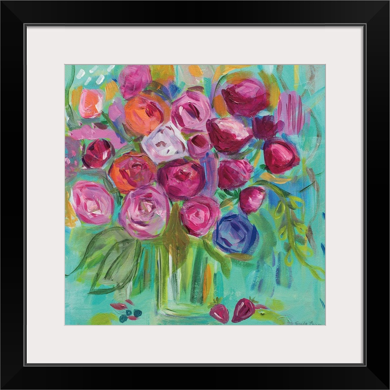Square painting of a bouquet of abstract flowers in a vase on a teal background.