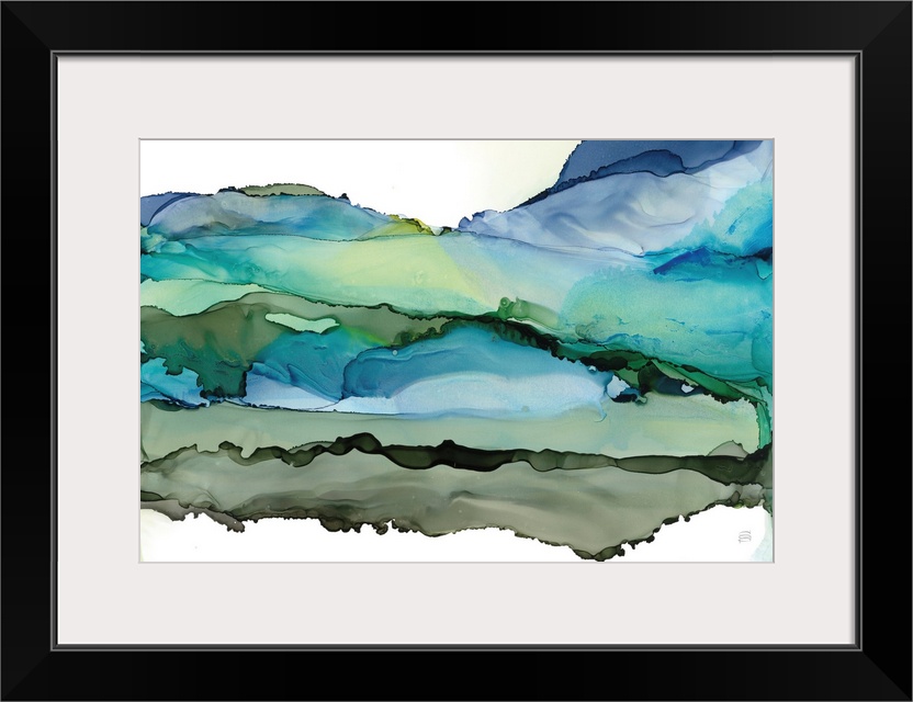 A contemporary abstract in alcohol inks resembling rolling blue green hills on a white background