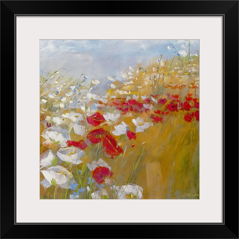 A bright painting in warm colors of red and white flowers in a field under and a blue sky.