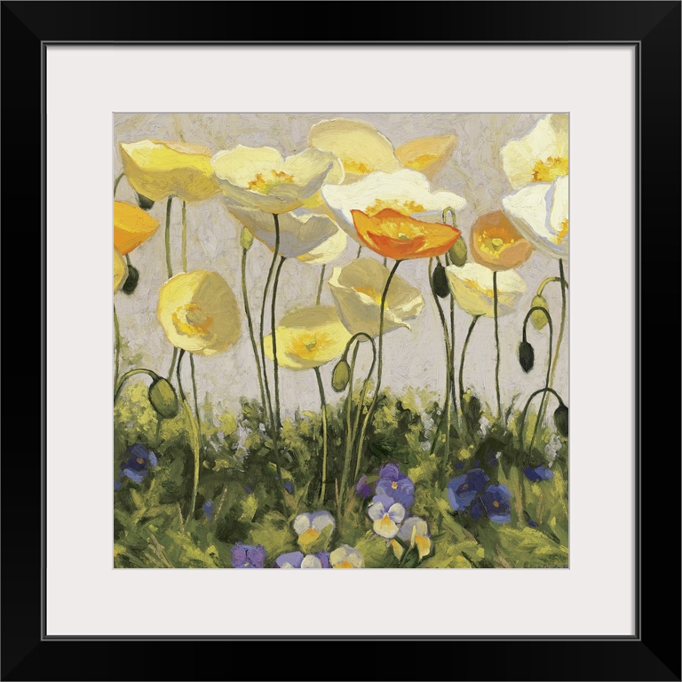 Giant, square floral painting of golden poppies extending above green grasses filled with pansies.  Painted with rough, te...