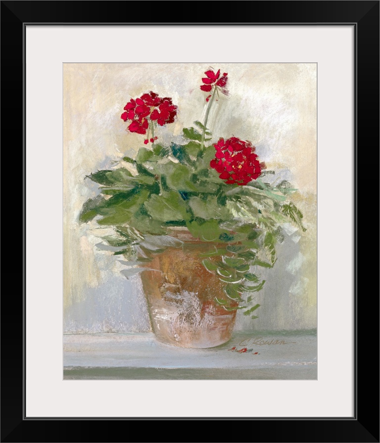 Large painting on canvas of flowers planted in a pot sitting on the ground near a wall.