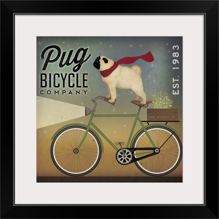 Cute artwork of a pug wearing a scarf, riding a bicycle.