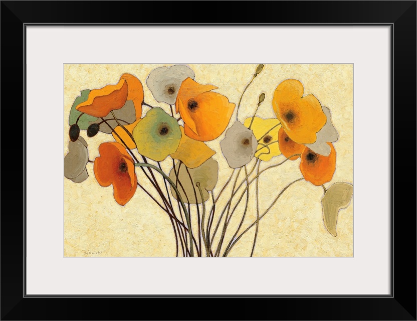 Horizontal fine art painting of a bouquet of poppies in golden colors, on a lighter, neutral, brush stroked background.