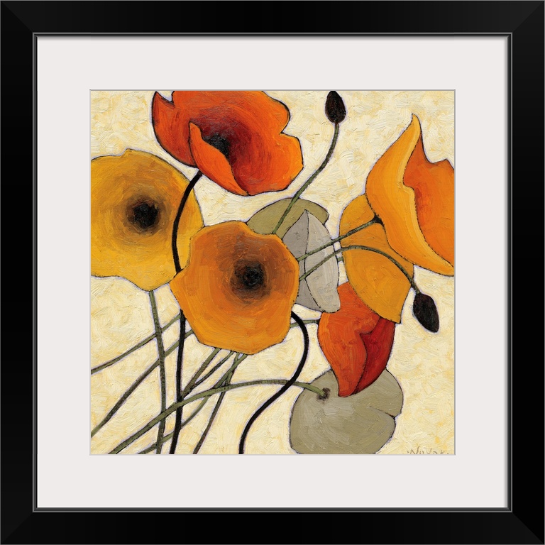 Big contemporary art showcases a close-up of nine flowers using earth tones against a bare background.