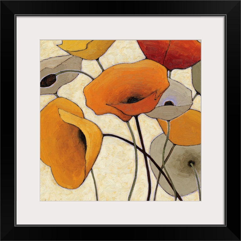 Abstract painting of warm colored flowers with long thin stems.