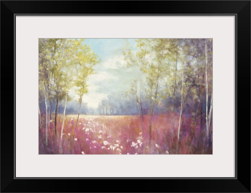 Contemporary landscape painting of a clearing in a forest in pastel colors.