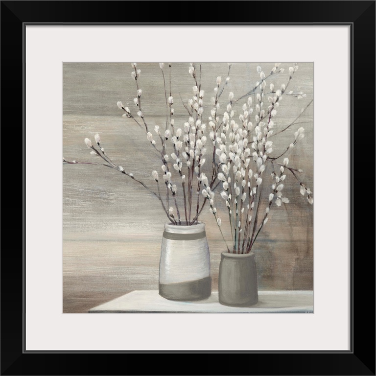 Still life painting of pussy willow plants arranged in gray and white vases on a table.