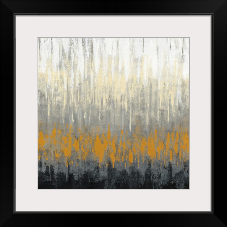 A square abstract in jagged horizontal lines in cream, grey, orange and black.