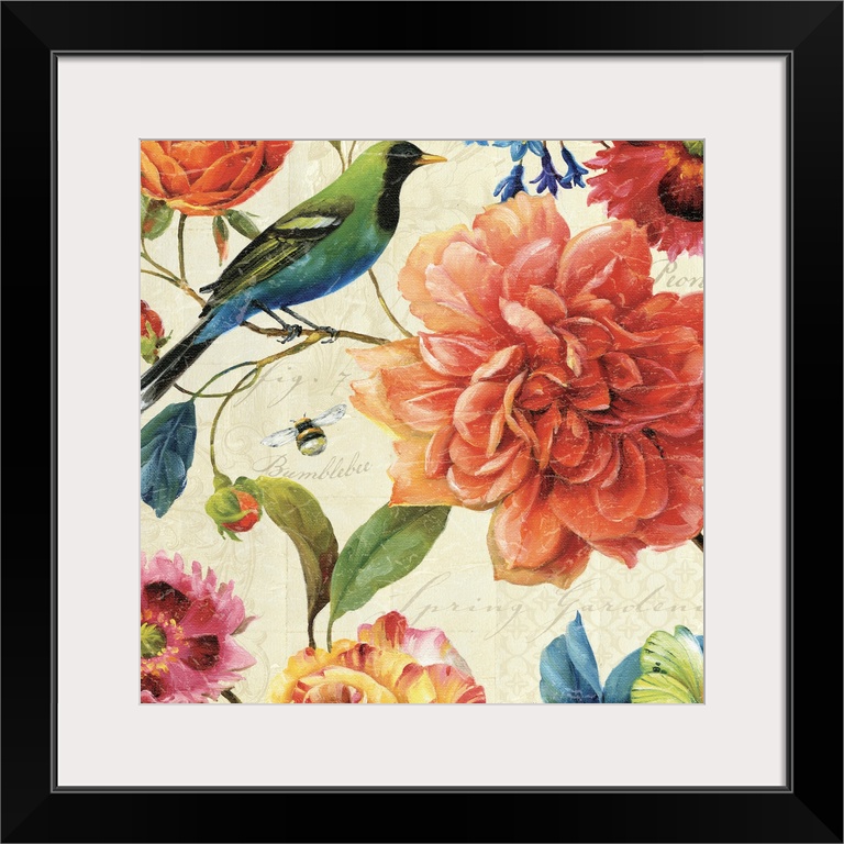 Big floral art displays a bird and bumblebee surrounded by a colorful assortment of flowers and text.