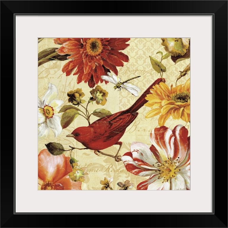Square, large docor wall art of a bird sitting on a branch, surrounded by floral blooms, a dragonfly above, on a light bac...