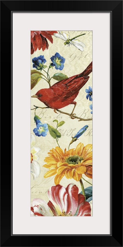 Tall panoramic painting of a bird sitting on a limb with flowers and a dragonfly surrounding him.