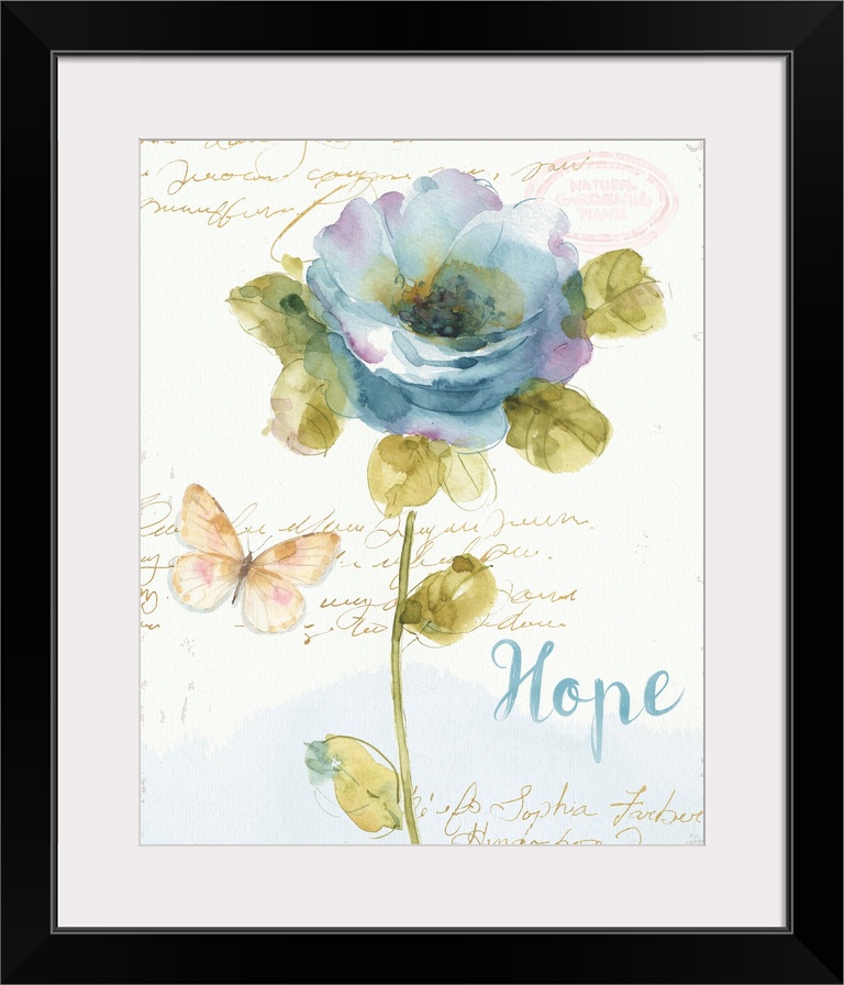 Watercolor painting of a blue and purple toned flower and a butterfly with the word "Hope" written in blue on the bottom a...