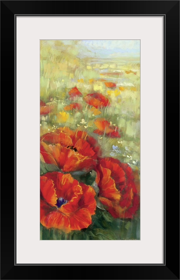 Large, vertical floral painting of several big, blooming poppies in the foreground, behind those continues a field of popp...