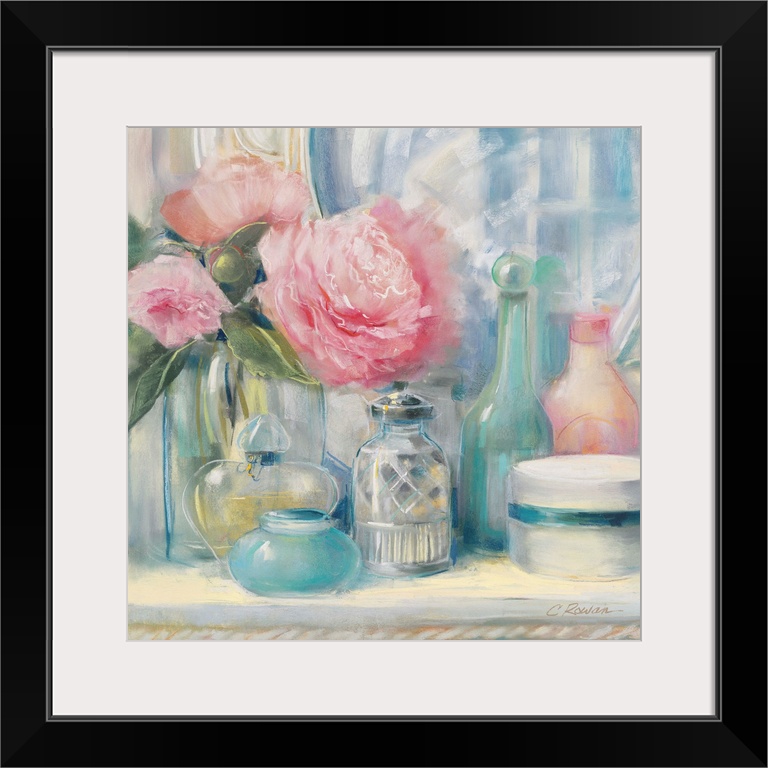Painting of a bouquet in a jar and several containers of cosmetics on a vanity.
