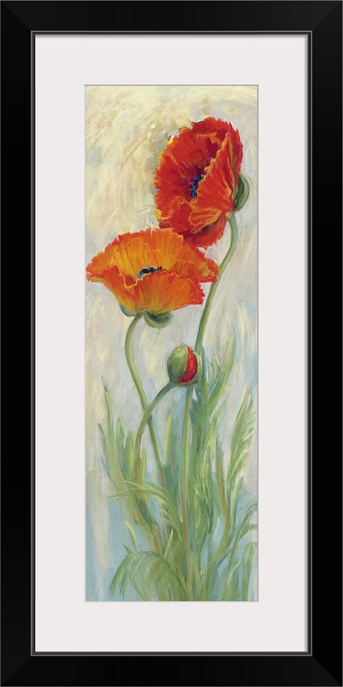 Vertical contemporary painting by Carol Rowan of long stemmed red poppies on a soft background.