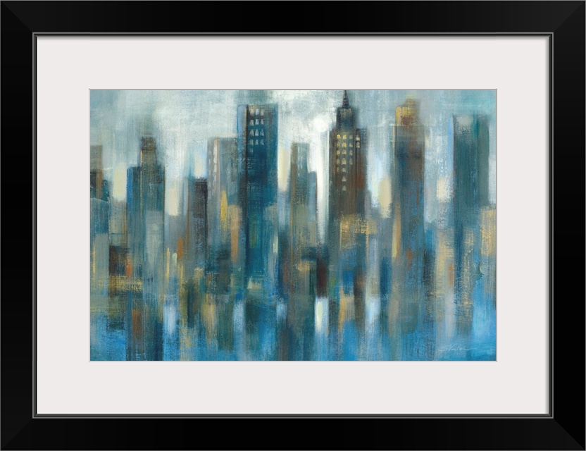 Large abstract painting of a cool toned city skyline with tall buildings at night.