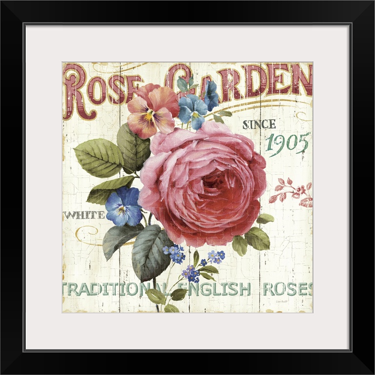 Square painting on canvas of a rose and other flowers in the middle with text around it on a grungy backdrop.