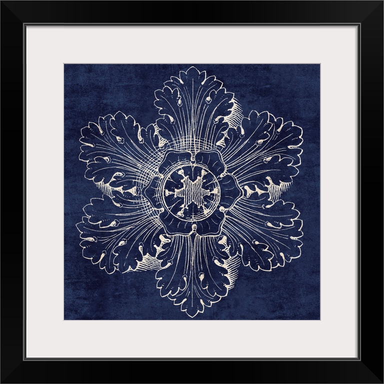 Contemporary artwork of a vintage stylized rosette in dark blue.