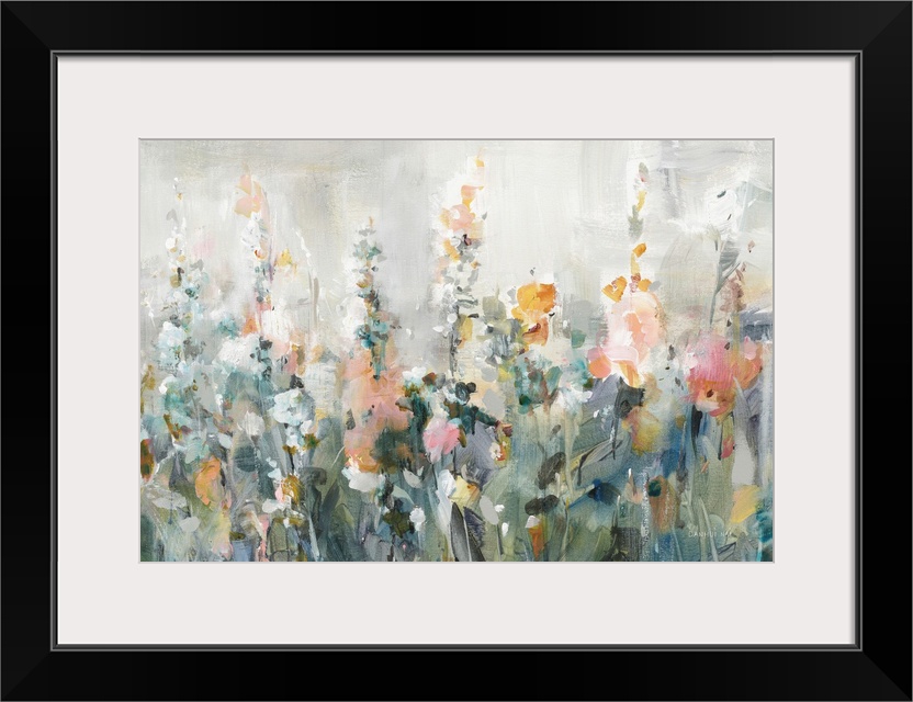 An asbtract floral painting in a contemporary style, featuring tall blooms in shades of peach and orange interspersed with...