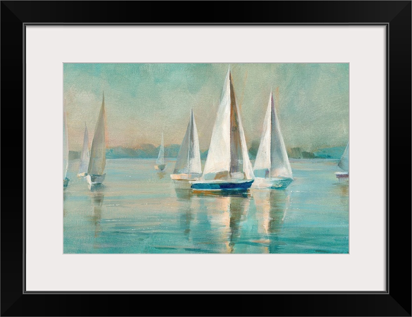 Contemporary painting of sailboats on crystal blue waters.