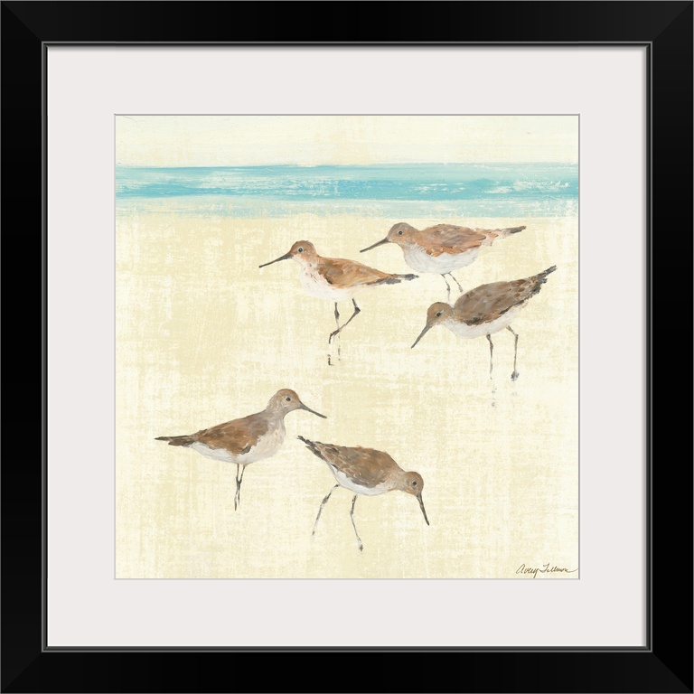 Square painting of ocean birds walking on the sand of a beach with the sea in the distance.