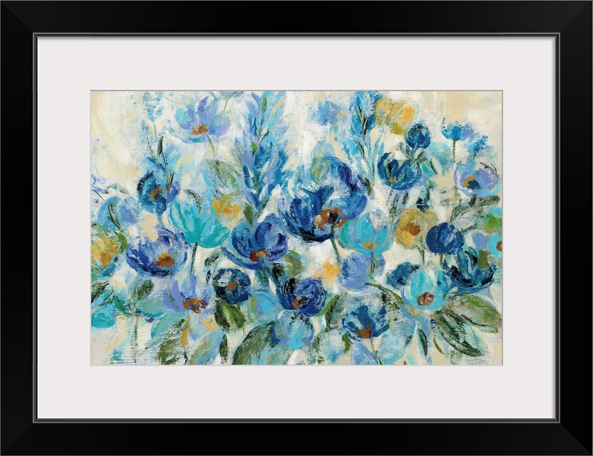Large painting of a bunch of flowers in shades of blue with some gold on a neutral colored background.