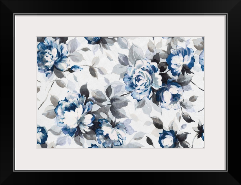 Artwork of roses in blue with grey leaves.