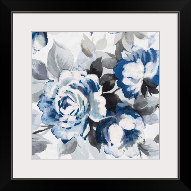 Artwork of roses in shades of deep blue and grey.