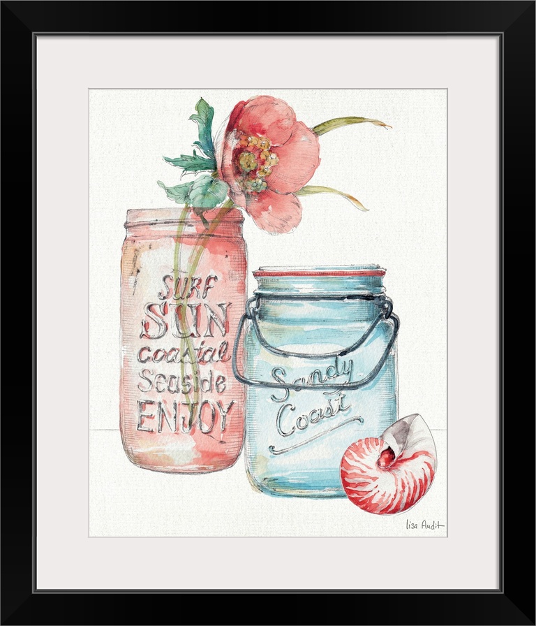 Watercolor artwork of a flower in a mason jar with a seashell sitting next to it.