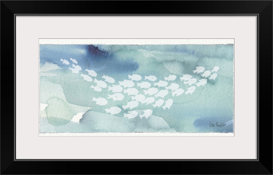 Watercolor painting of a school of fish against a light blue background.