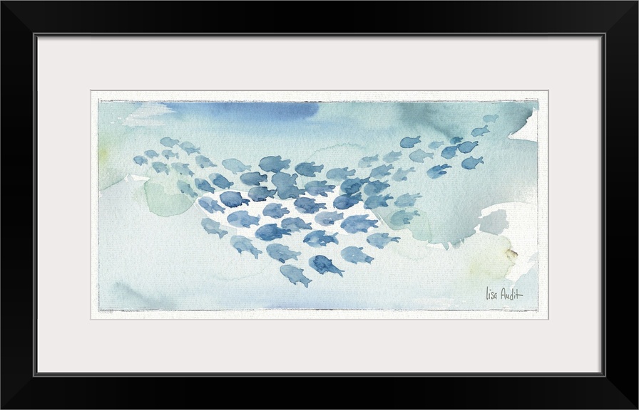 Watercolor painting of a school of fish against a light blue background.