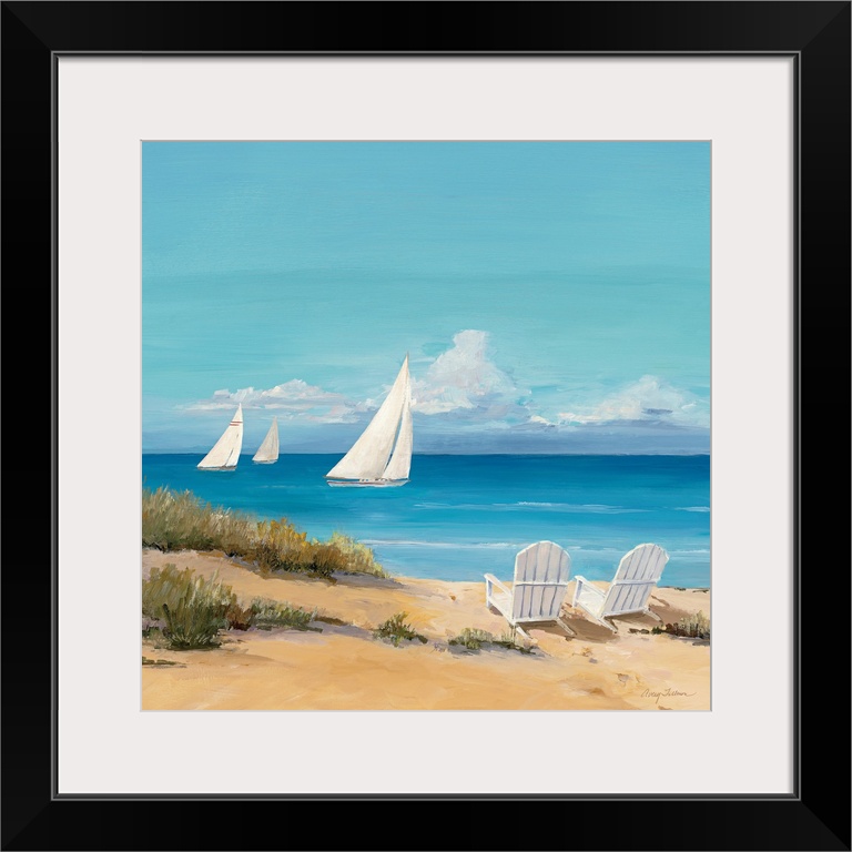 Large contemporary art shows a trio of sailboats traveling through the open waters of an ocean on a sunny day.  Within the...