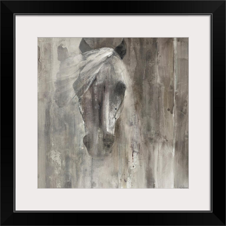Contemporary painting of a horse's face and mane in shades of grey.